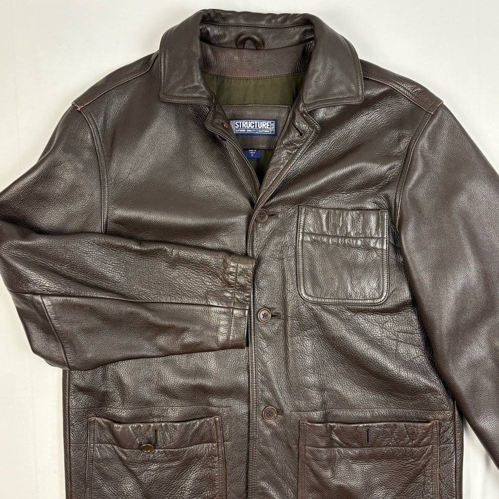 VTG Structure Y2K Brown Pebbled Leather Field Jacket Removable Liner S